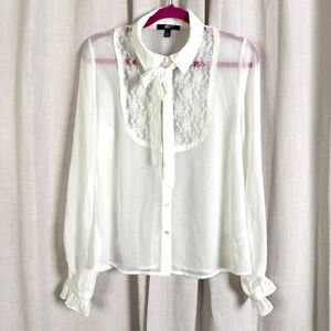 white victorian romantic lace bib blouse tie neck sheer chiffon m by fair child